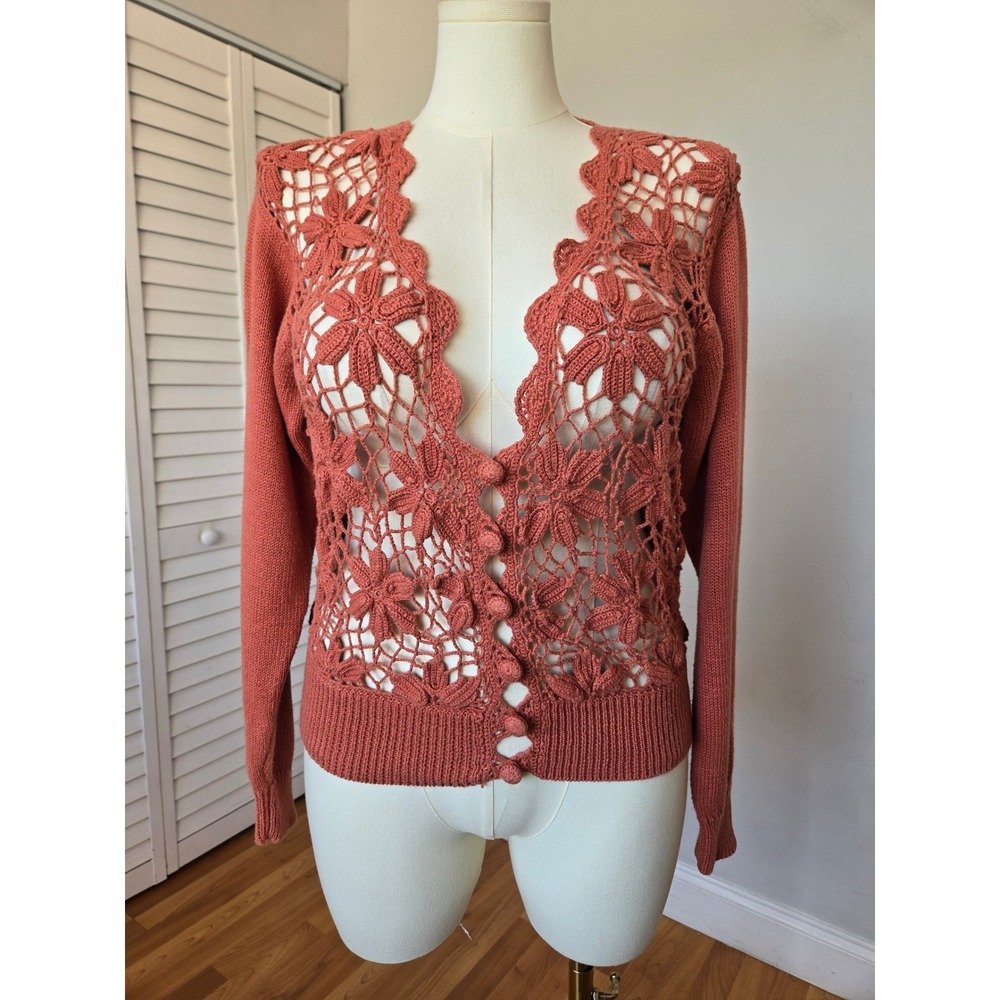 OBR Coral Crochet Floral Cardigan Ramie Cotton Size M Cottage Romantic Boho Chic